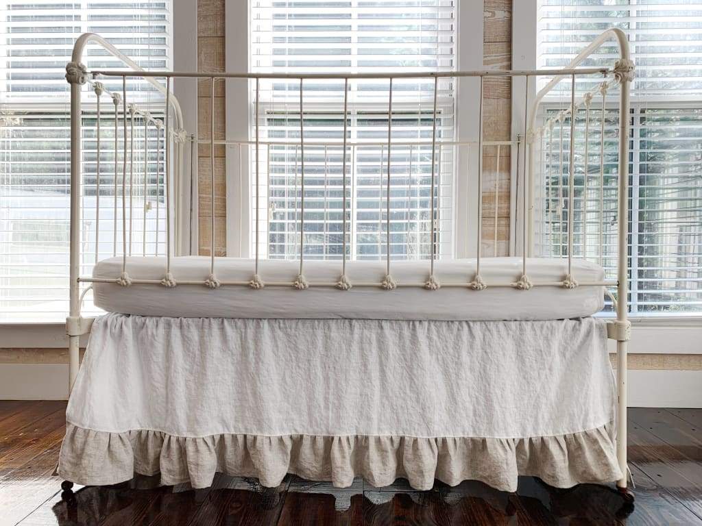 Ruffle Linen Crib Skirt in White and Oatmeal handmade heirloom nursery - High Cotton Textile