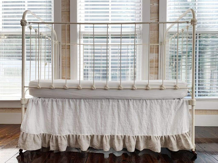 Ruffle Linen Crib Skirt in White and Oatmeal handmade heirloom nursery - High Cotton Textile