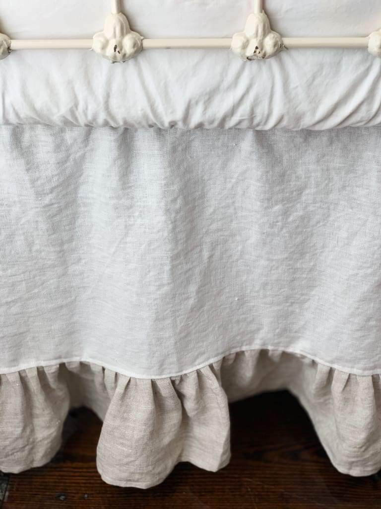 Ruffle Linen Crib Skirt in White and Oatmeal handmade heirloom nursery - High Cotton Textile