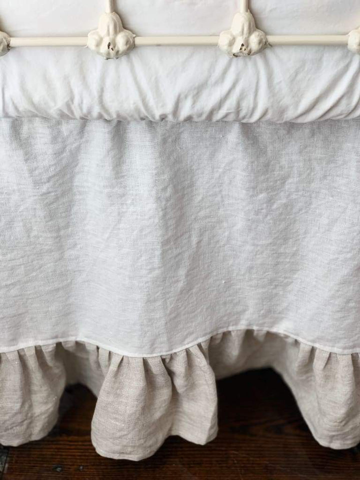 Ruffle Linen Crib Skirt in White and Oatmeal handmade heirloom nursery - High Cotton Textile