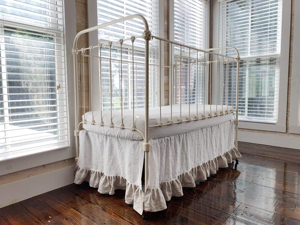Ruffle Linen Crib Skirt in White and Oatmeal handmade heirloom nursery - High Cotton Textile