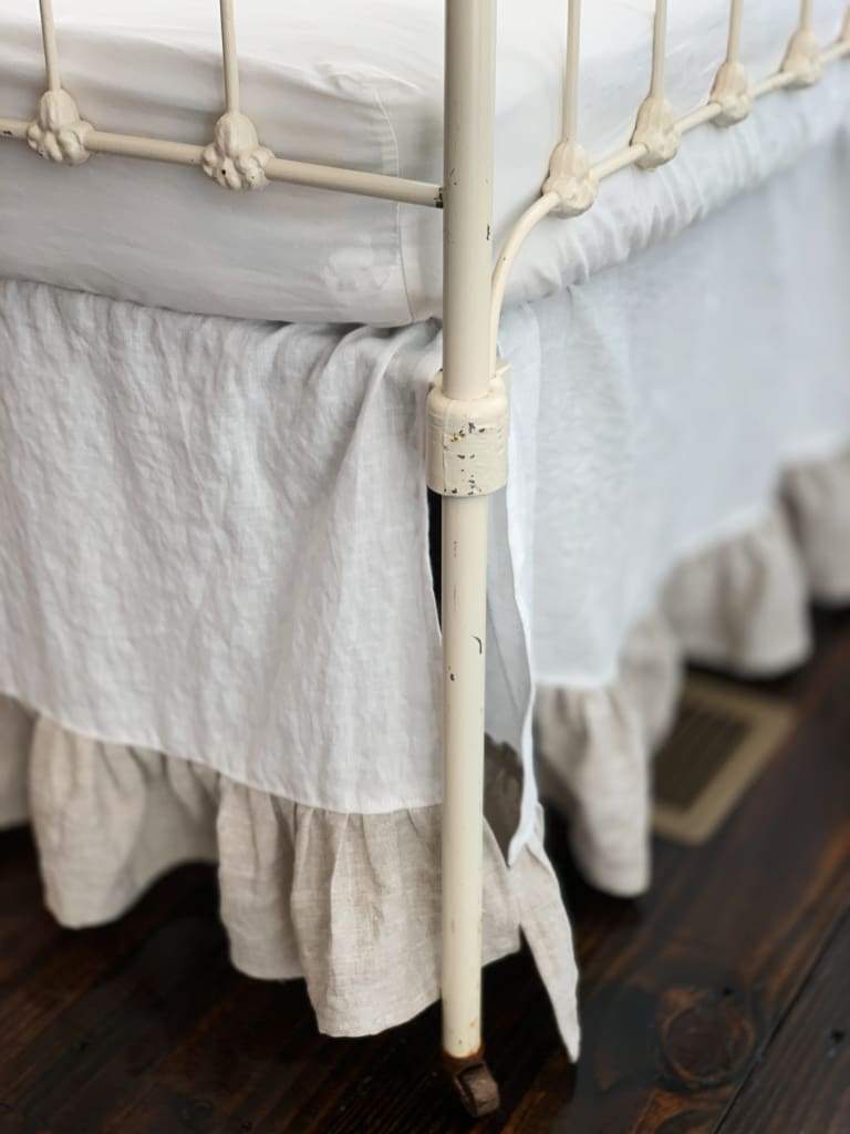 Ruffle Linen Crib Skirt in White and Oatmeal handmade heirloom nursery - High Cotton Textile