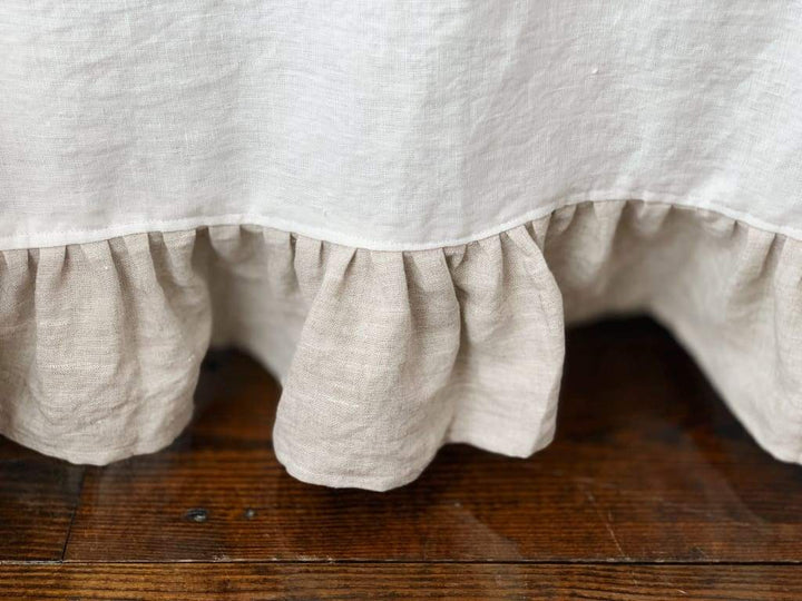 Ruffle Linen Crib Skirt in White and Oatmeal handmade heirloom nursery - High Cotton Textile