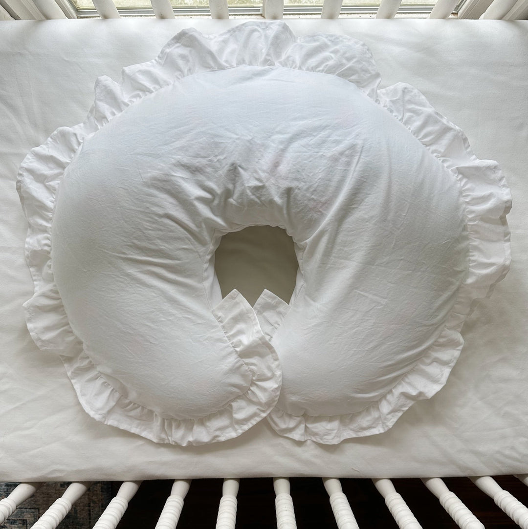 White washed cotton Boppy pillow cover with ruffle trim, handmade in the USA