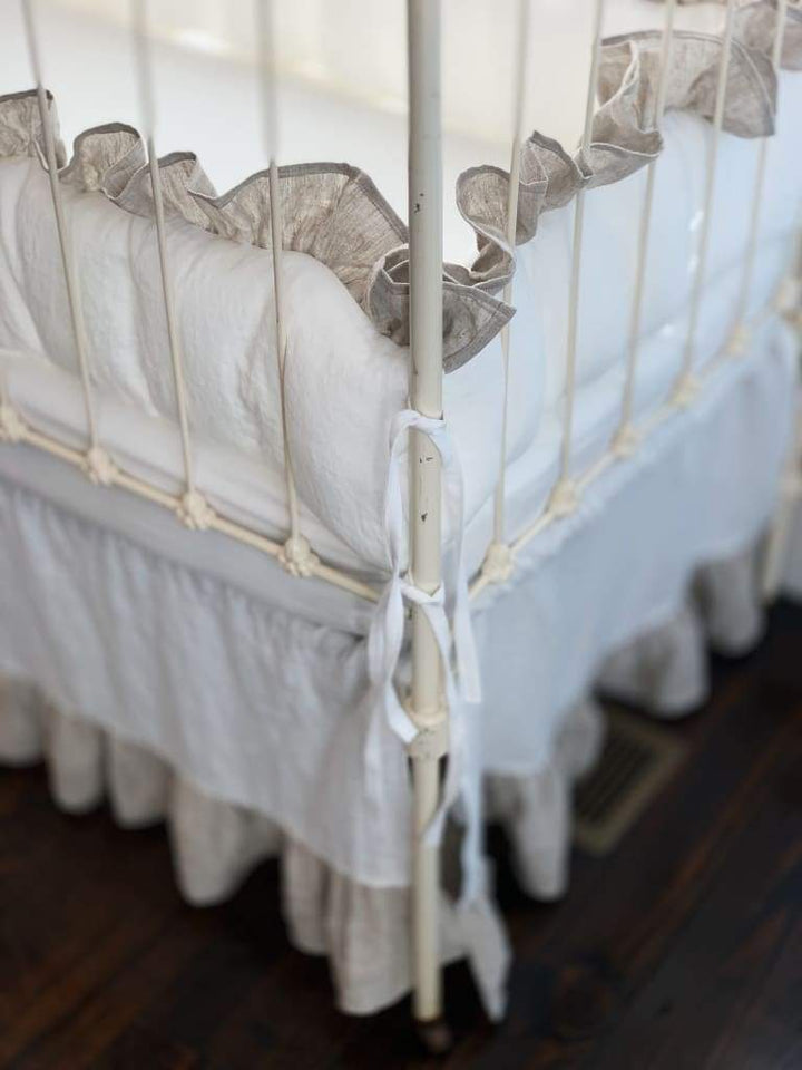 Ruffled Cottage Linen Crib Bedding in White and Oatmeal - High Cotton Textile 