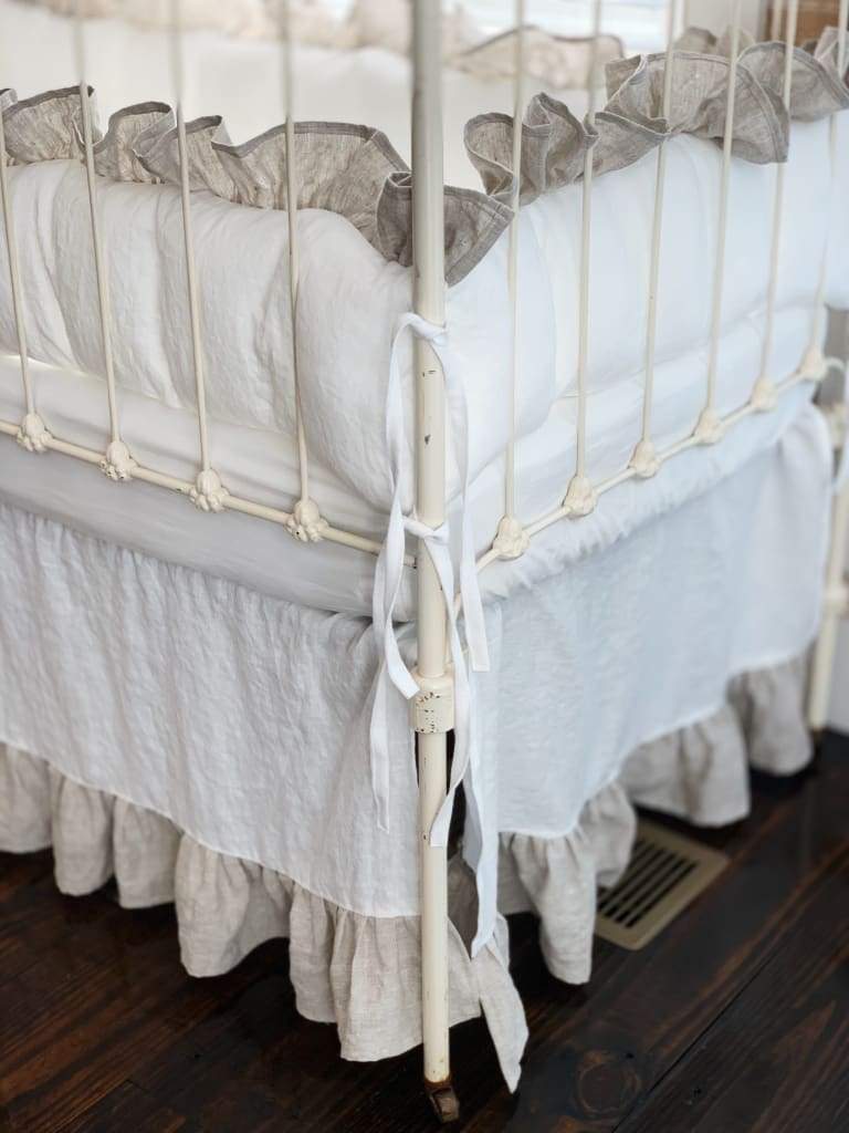 Ruffled Cottage Linen Crib Bedding in White and Oatmeal - High Cotton Textile 