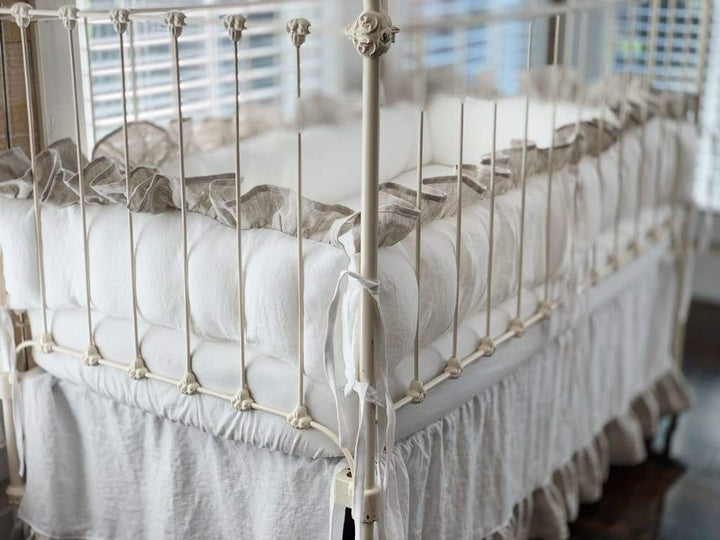 Ruffled Cottage Linen Crib Bedding in White and Oatmeal - High Cotton Textile 