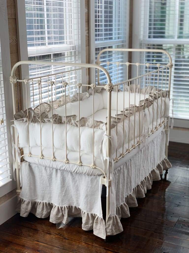 Ruffled Cottage Linen Crib Bedding in White and Oatmeal - High Cotton Textile 