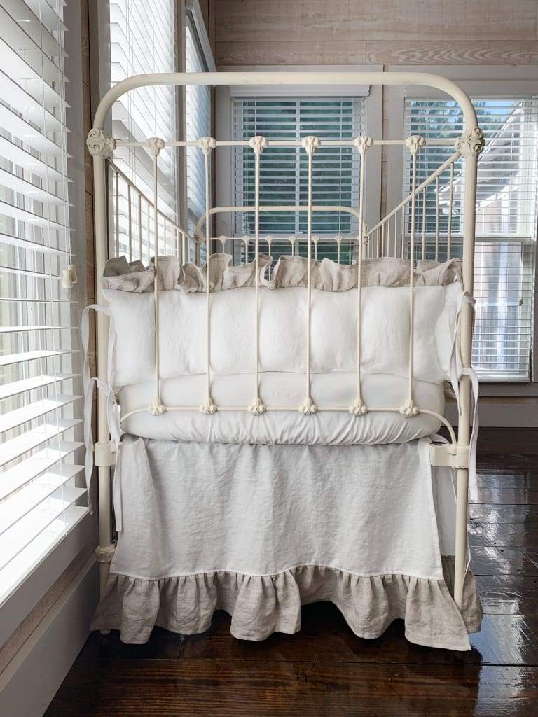 Ruffled Cottage Linen Crib Bedding in White and Oatmeal - High Cotton Textile 