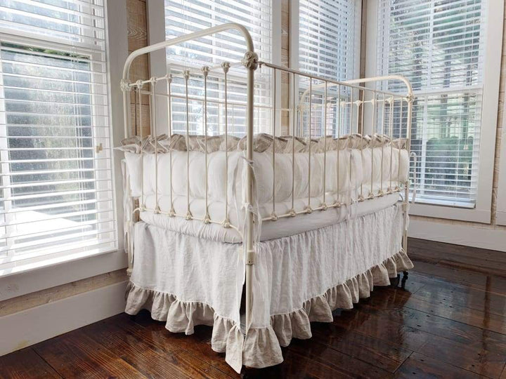 Ruffled Cottage Linen Crib Bedding in White and Oatmeal - High Cotton Textile 