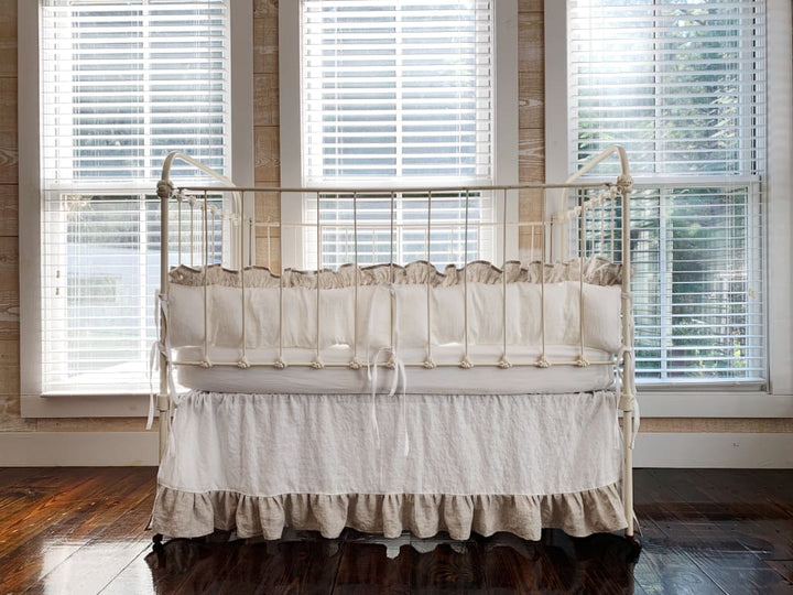 Ruffled Cottage Linen Crib Bedding in White and Oatmeal - High Cotton Textile 