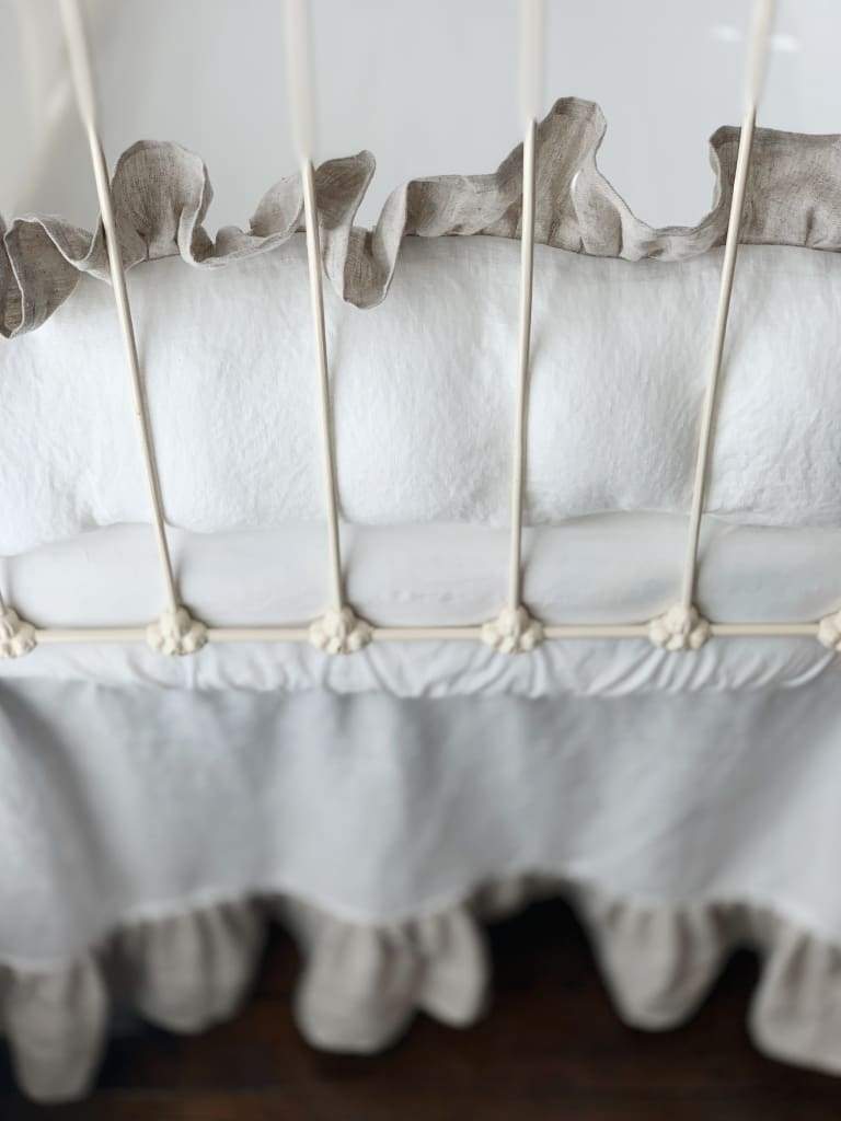 Ruffled Cottage Linen Crib Bedding in White and Oatmeal - High Cotton Textile 