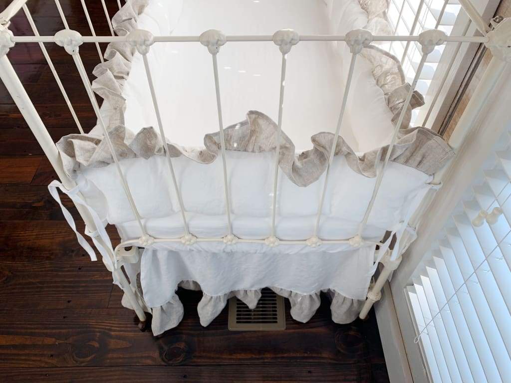 Ruffled Cottage Linen Crib Bedding in White and Oatmeal - High Cotton Textile 