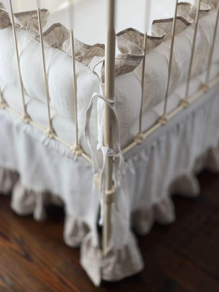 Ruffled Cottage Linen Crib Bedding in White and Oatmeal - High Cotton Textile 