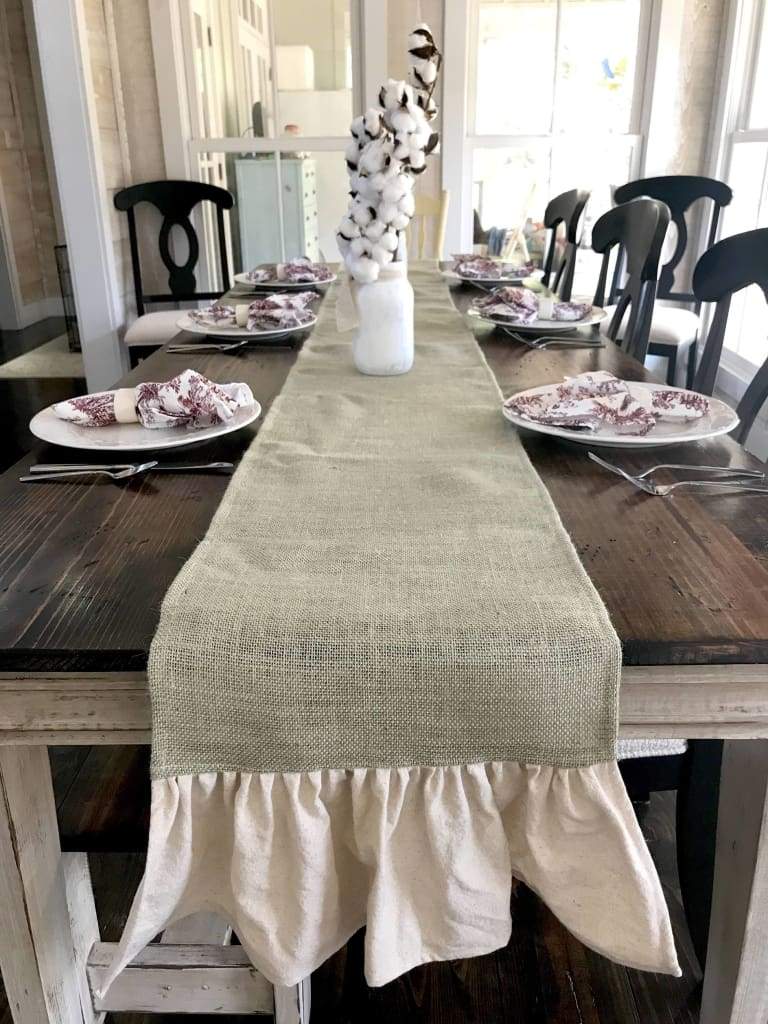 Ruffled Farmhouse Burlap Table Runner handmade heirloom nursery - High Cotton Textile