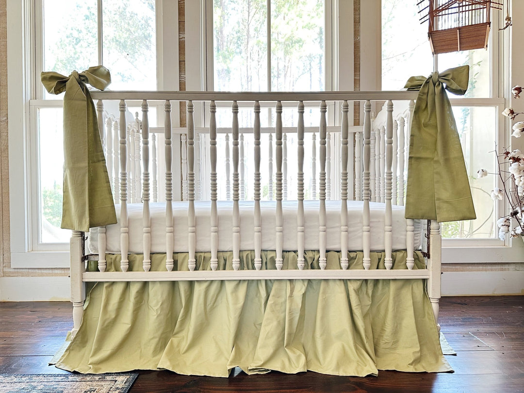 Sage Green Farmhouse Crib Bedding Set | 4-Sided Crib Skirt + 2 Large Crib Bows | Baby Boy, Baby Girl, Gender Neutral Nursery handmade heirloom nursery - High Cotton Textile