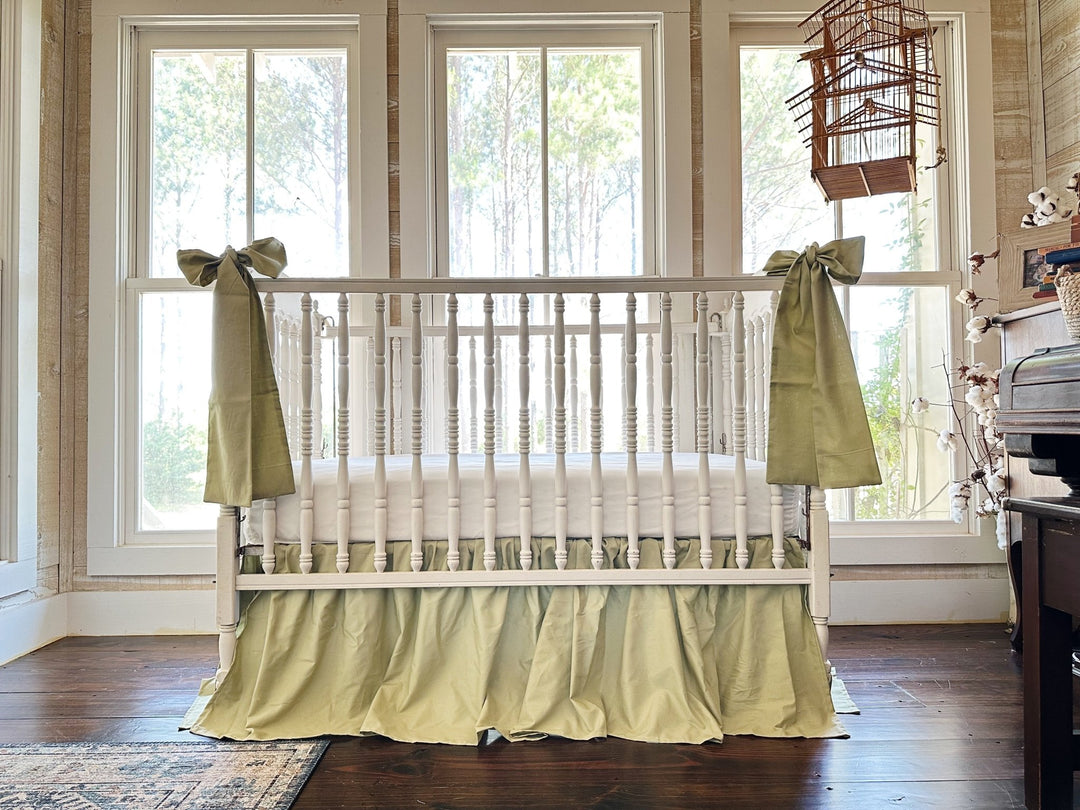 Sage Green Farmhouse Crib Bedding Set | 4-Sided Crib Skirt + 2 Large Crib Bows | Baby Boy, Baby Girl, Gender Neutral Nursery handmade heirloom nursery - High Cotton Textile