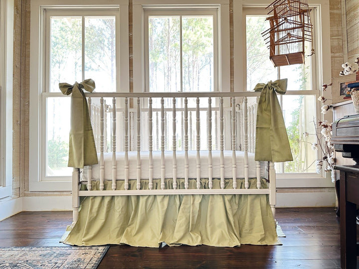 Sage Green Farmhouse Crib Bedding Set | 4-Sided Crib Skirt + 2 Large Crib Bows | Baby Boy, Baby Girl, Gender Neutral Nursery handmade heirloom nursery - High Cotton Textile