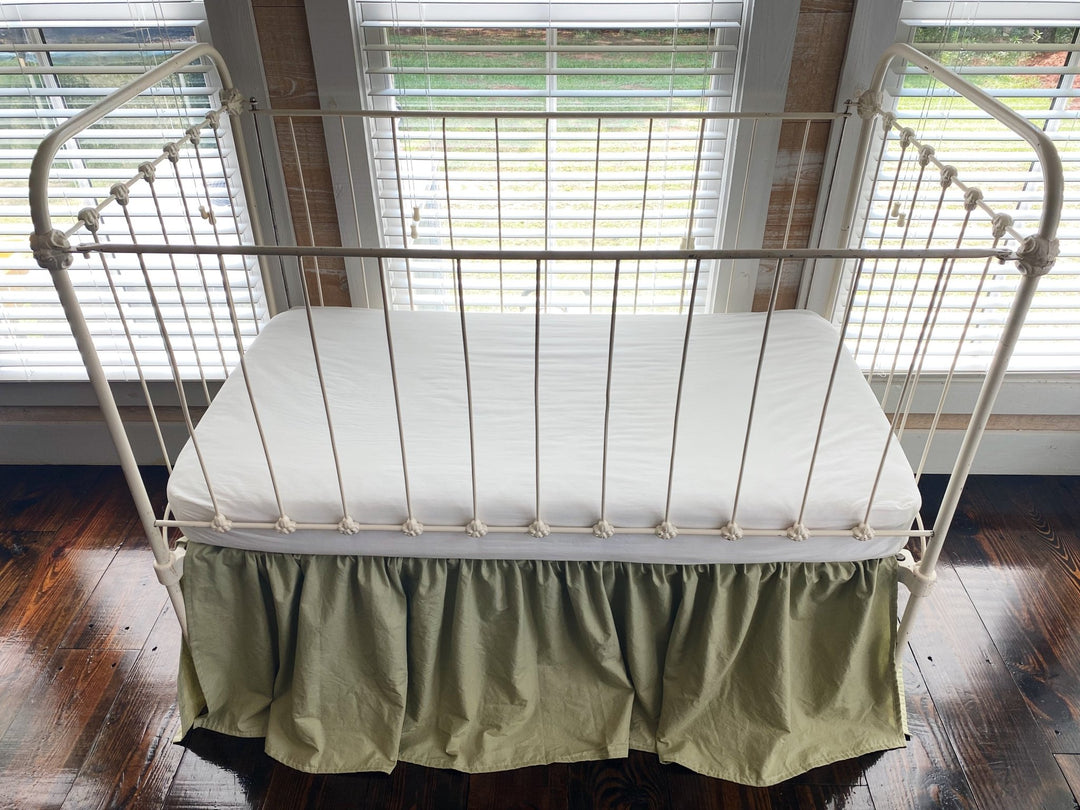 Sage Green Gathered Crib Skirt | 4-Sided Farmhouse Nursery Bed Skirt | 20" Drop | 100% Washed Cotton handmade heirloom nursery - High Cotton Textile