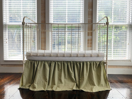Sage green farmhouse crib skirt in washed cotton, 20-inch drop, gathered