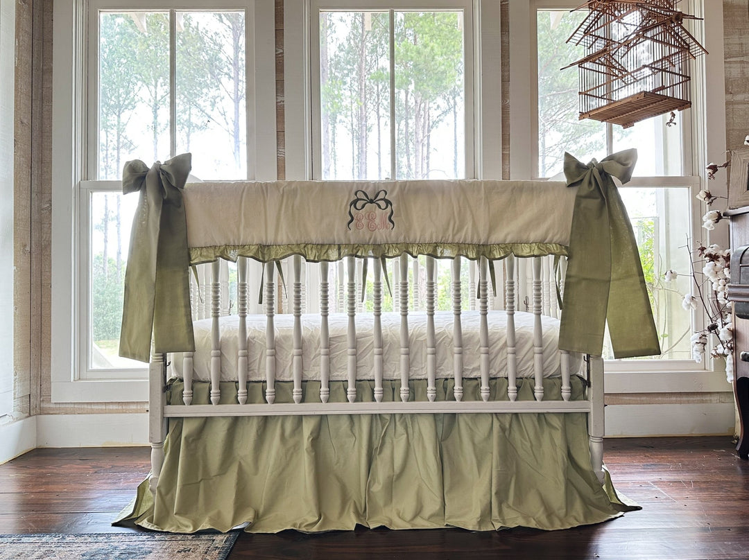 Sage Green & Ivory Crib Bedding Set handmade heirloom nursery - High Cotton Textile