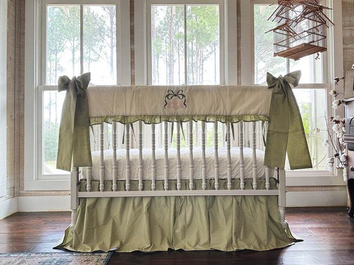 Sage Green & Ivory Crib Bedding Set handmade heirloom nursery - High Cotton Textile