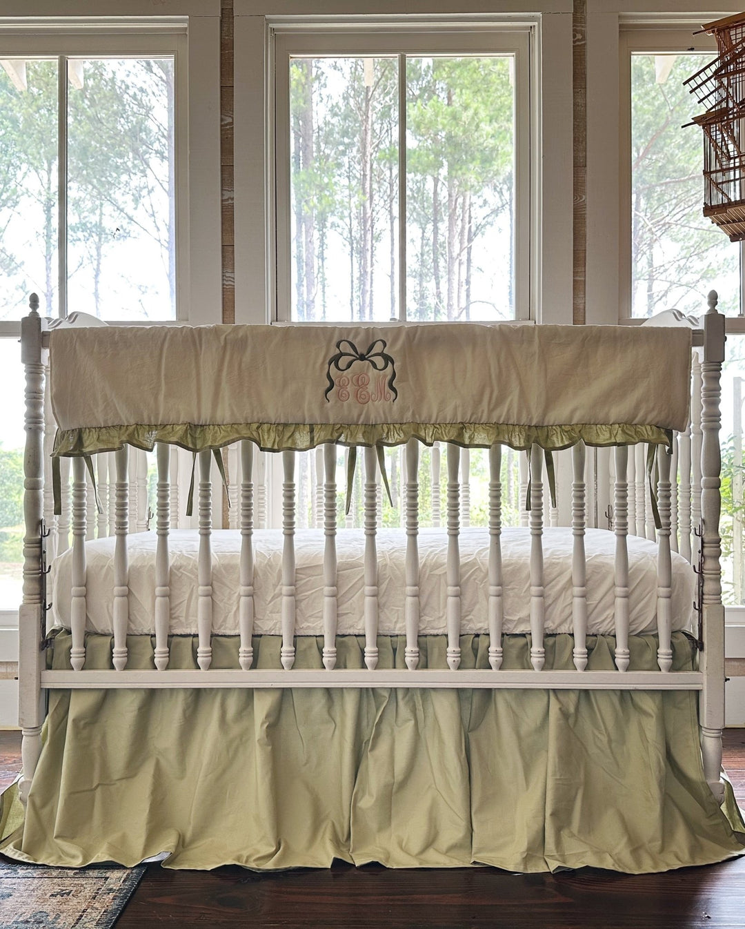 Sage Green & Ivory Crib Rail Cover + Crib Skirt Set handmade heirloom nursery - High Cotton Textile