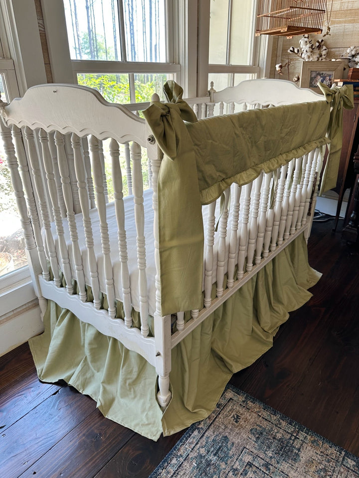 Sage Green Ruffled Crib Rail Cover, Farmhouse Skirt & Large Bow Set | Gender Neutral Baby Bedding handmade heirloom nursery - High Cotton Textile