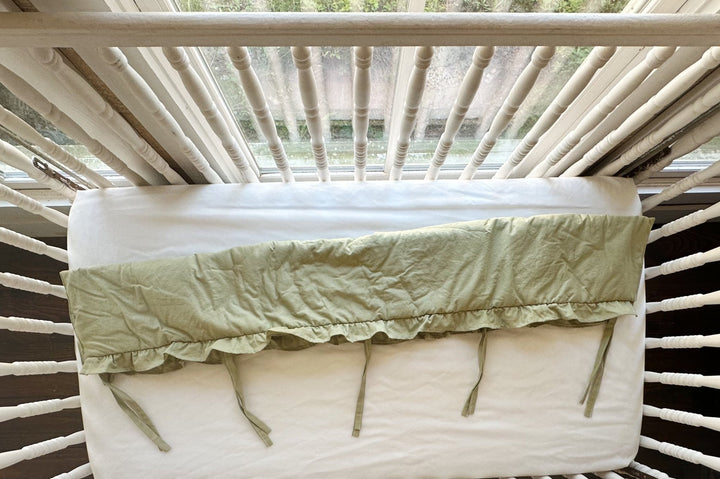 Sage Green Ruffled Crib Rail Cover | Teething Guard | Woodland Farmhouse Nursery | Handmade handmade heirloom nursery - High Cotton Textile