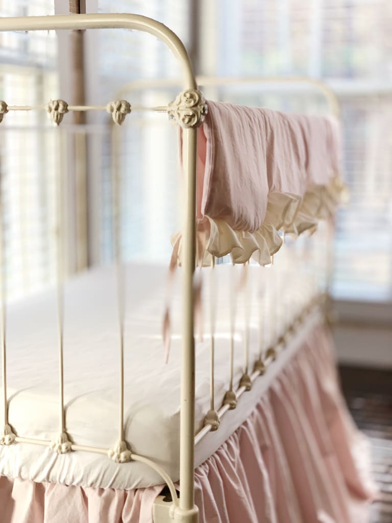 Scalloped Crib Bedding Set in Baby Pink and Ivory | Personalized Option handmade heirloom nursery - High Cotton Textile