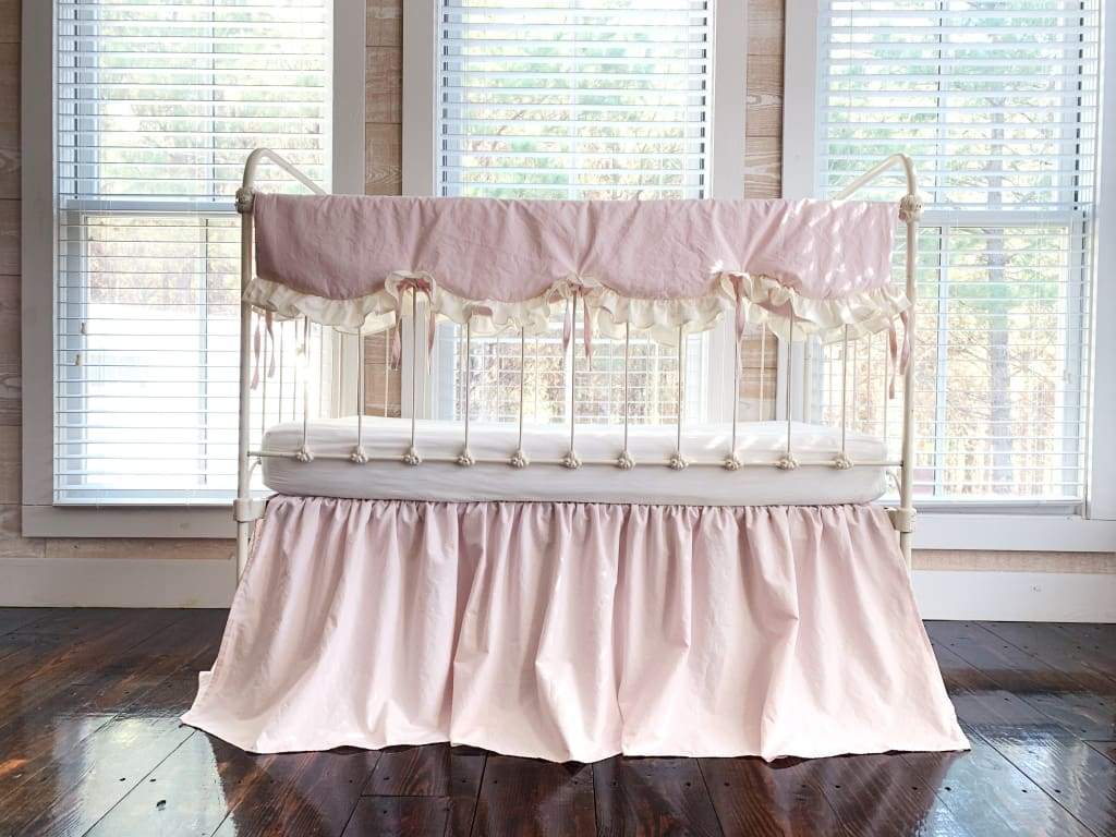 Scalloped Crib Bedding Set in Baby Pink and Ivory | Personalized Option handmade heirloom nursery - High Cotton Textile