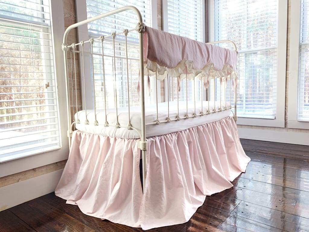 Scalloped Crib Bedding Set in Baby Pink and Ivory | Personalized Option handmade heirloom nursery - High Cotton Textile