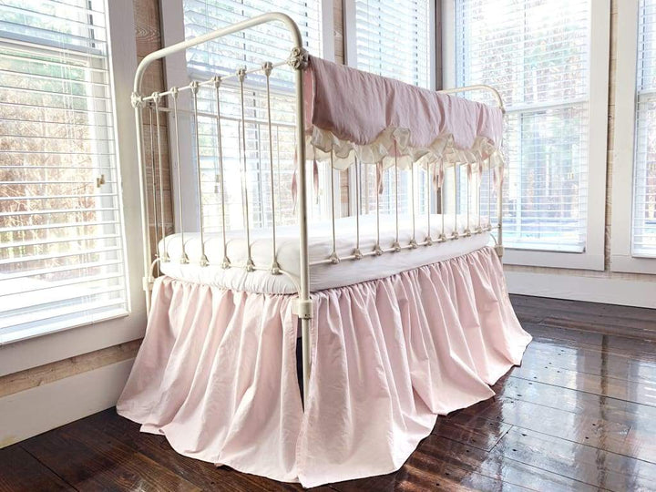 Scalloped Crib Bedding Set in Baby Pink and Ivory | Personalized Option handmade heirloom nursery - High Cotton Textile