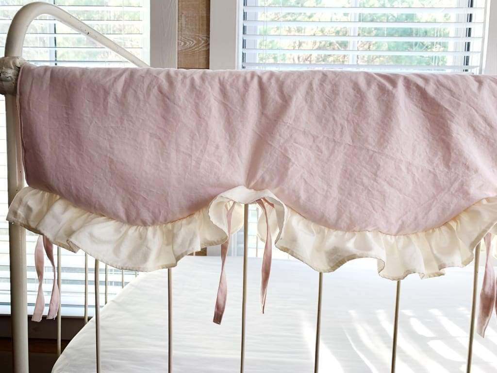 Scalloped Crib Bedding Set in Baby Pink and Ivory | Personalized Option handmade heirloom nursery - High Cotton Textile