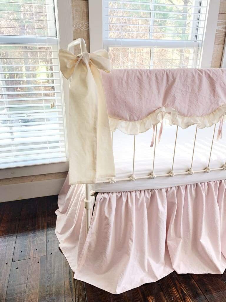 Scalloped Crib Bedding Set with Farmhouse Skirt and Bows – Baby Pink Ivory handmade heirloom nursery - High Cotton Textile