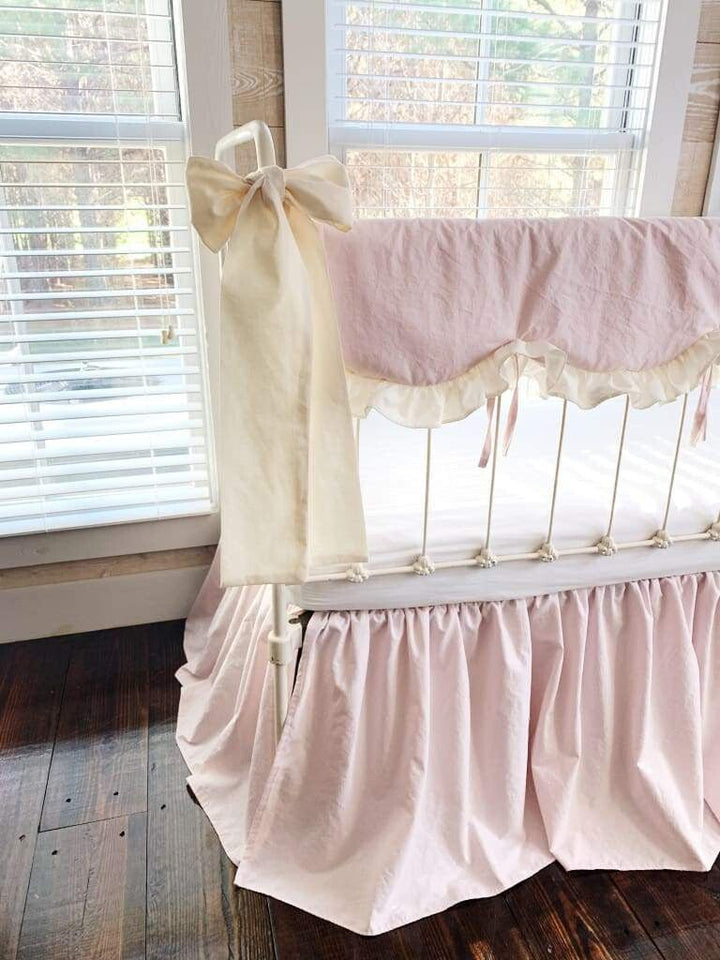 Scalloped Crib Bedding Set with Farmhouse Skirt and Bows – Baby Pink Ivory handmade heirloom nursery - High Cotton Textile