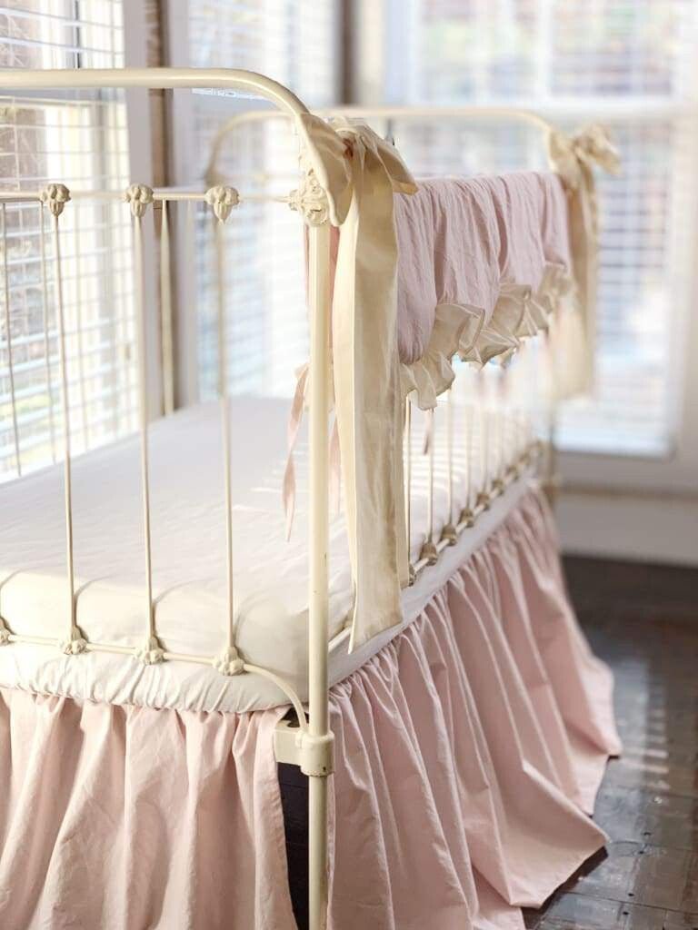 Scalloped Crib Bedding Set with Farmhouse Skirt and Bows – Baby Pink Ivory handmade heirloom nursery - High Cotton Textile