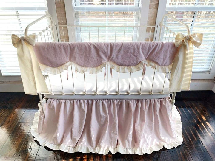Scalloped Crib Bedding Set with Ruffled Skirt and Bows – Baby Pink Ivory handmade heirloom nursery - High Cotton Textile
