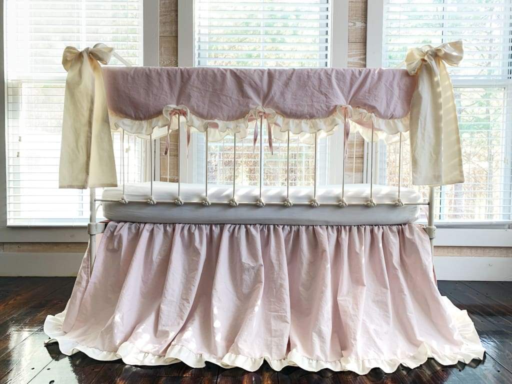 Scalloped Crib Bedding Set with Ruffled Skirt and Bows – Baby Pink Ivory handmade heirloom nursery - High Cotton Textile