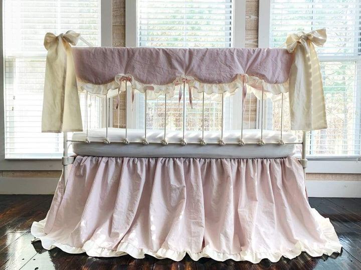 Scalloped Crib Bedding Set with Ruffled Skirt and Bows – Baby Pink Ivory handmade heirloom nursery - High Cotton Textile