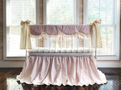 Scalloped Crib Bedding Set with Ruffled Skirt and Bows – Baby Pink Ivory handmade heirloom nursery - High Cotton Textile