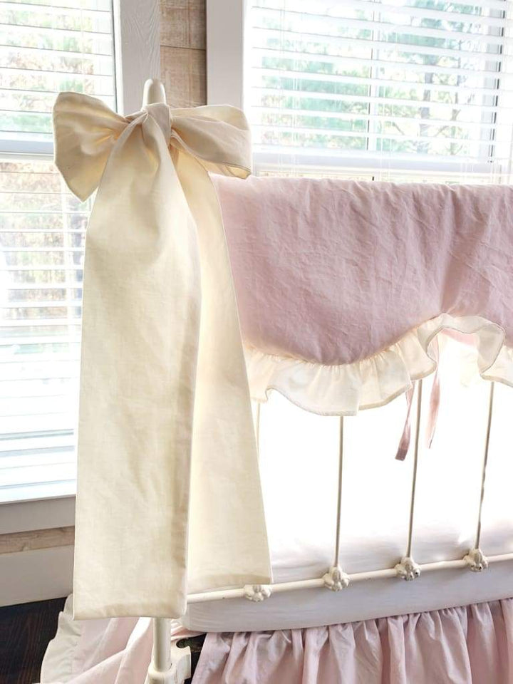 Scalloped Crib Bedding Set with Ruffled Skirt and Bows – Baby Pink Ivory handmade heirloom nursery - High Cotton Textile