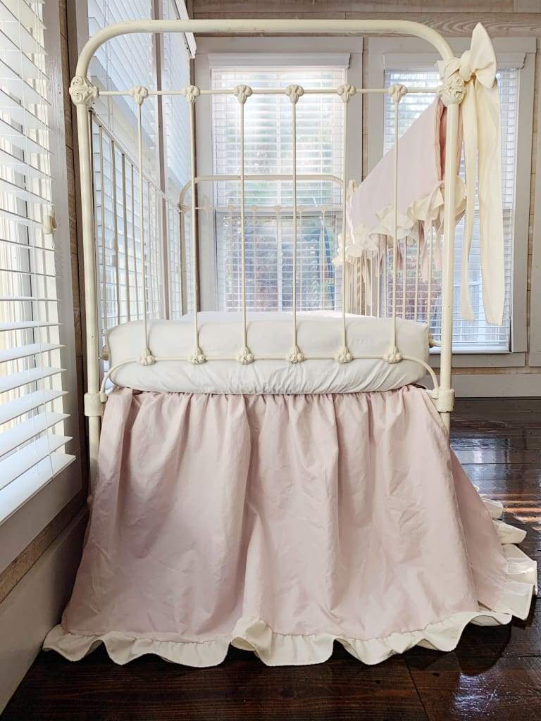Scalloped Crib Bedding Set with Ruffled Skirt and Bows – Baby Pink Ivory handmade heirloom nursery - High Cotton Textile