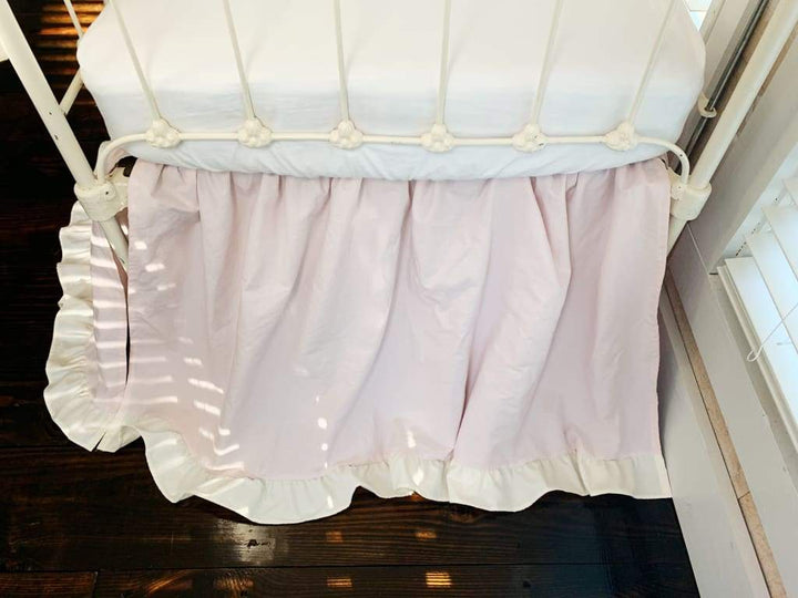 Scalloped Crib Bedding Set with Ruffled Skirt and Bows – Baby Pink Ivory handmade heirloom nursery - High Cotton Textile