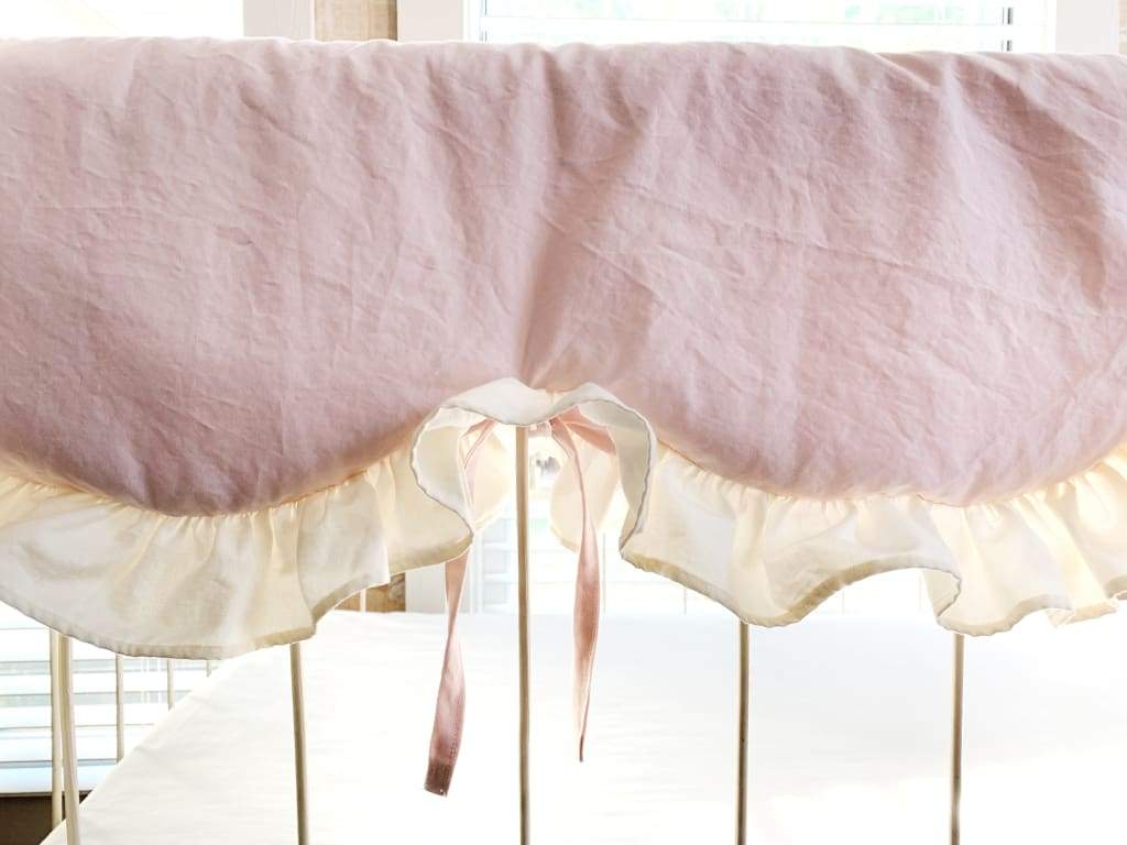 Scalloped Crib Bedding Set with Ruffled Skirt and Bows – Baby Pink Ivory handmade heirloom nursery - High Cotton Textile