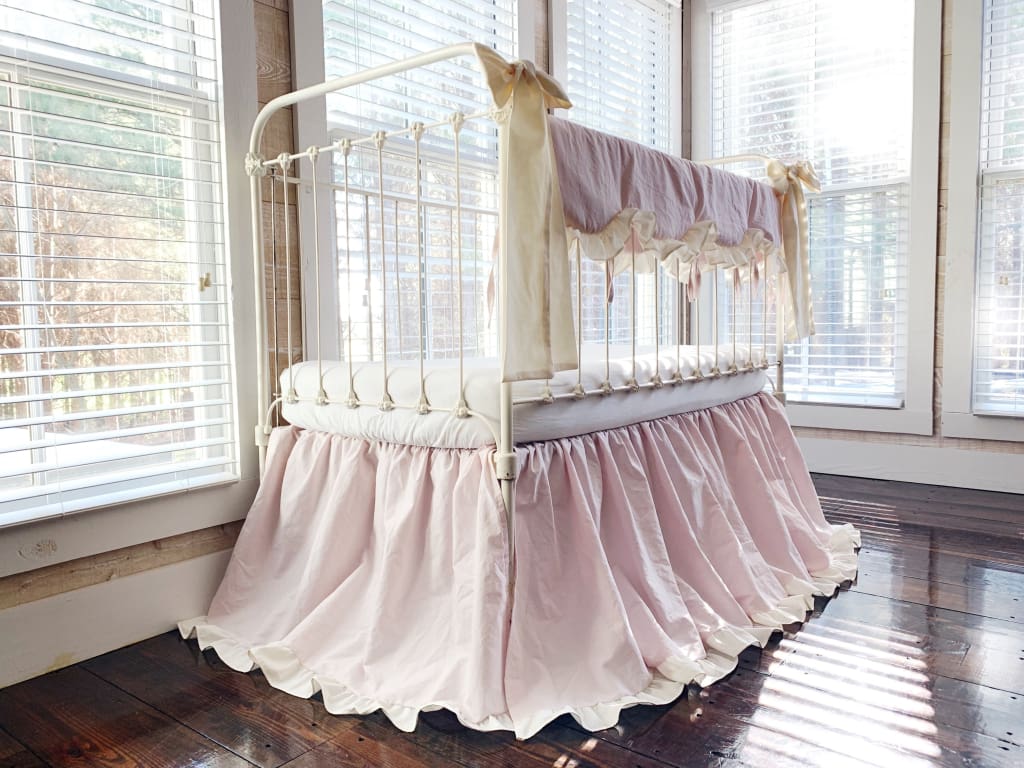 Scalloped Crib Bedding Set with Ruffled Skirt and Bows – Baby Pink Ivory handmade heirloom nursery - High Cotton Textile