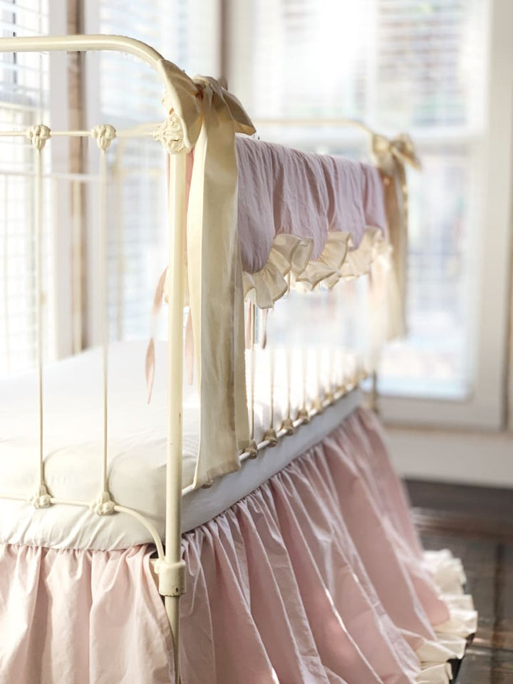 Scalloped Crib Bedding Set with Ruffled Skirt and Bows – Baby Pink Ivory handmade heirloom nursery - High Cotton Textile