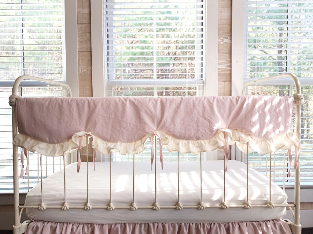 Scalloped Crib Rail Cover in Baby Pink and Ivory