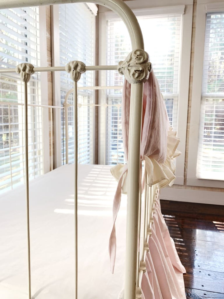 Scalloped Crib Rail Cover in Baby Pink and Ivory | Personalized Option handmade heirloom nursery - High Cotton Textile