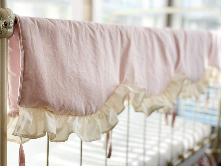 Scalloped Crib Rail Cover in Baby Pink and Ivory | Personalized Option handmade heirloom nursery - High Cotton Textile